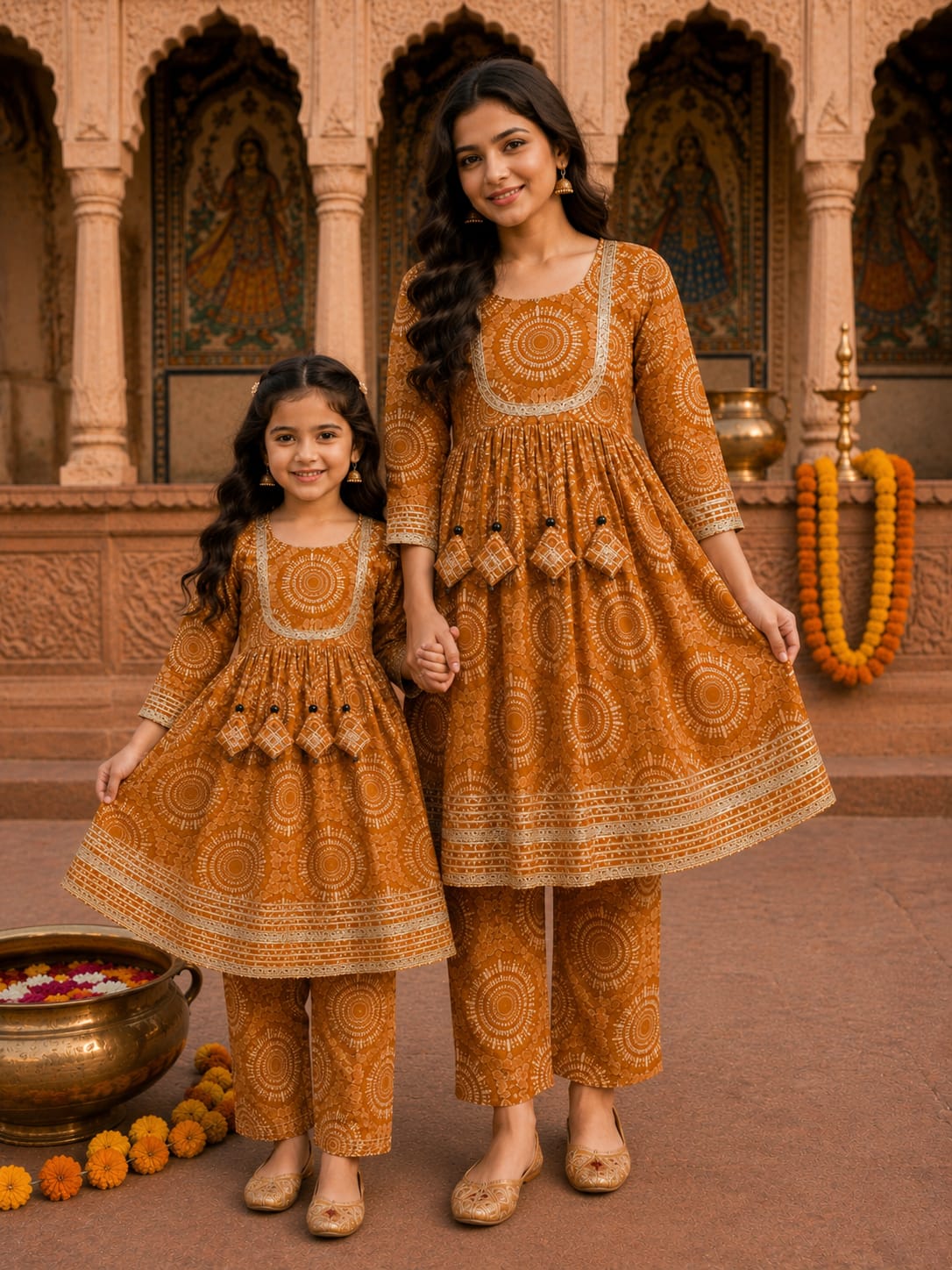 Mom & Daughter Mustard Mandala Printed Kurta Pant Set