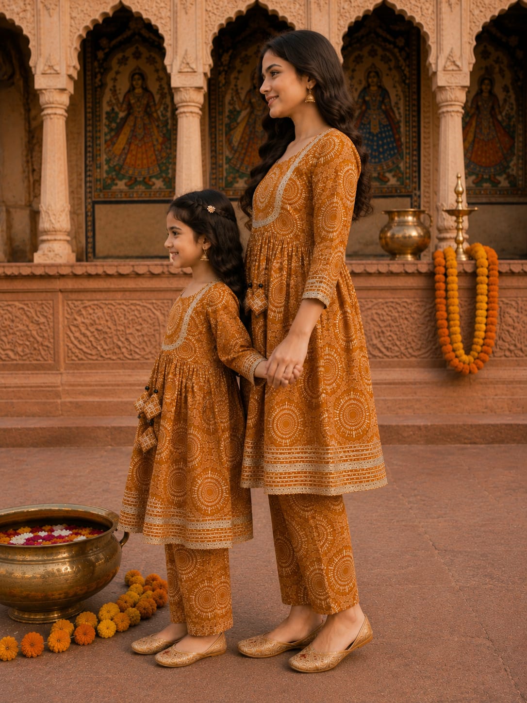 Mom & Daughter Mustard Mandala Printed Kurta Pant Set