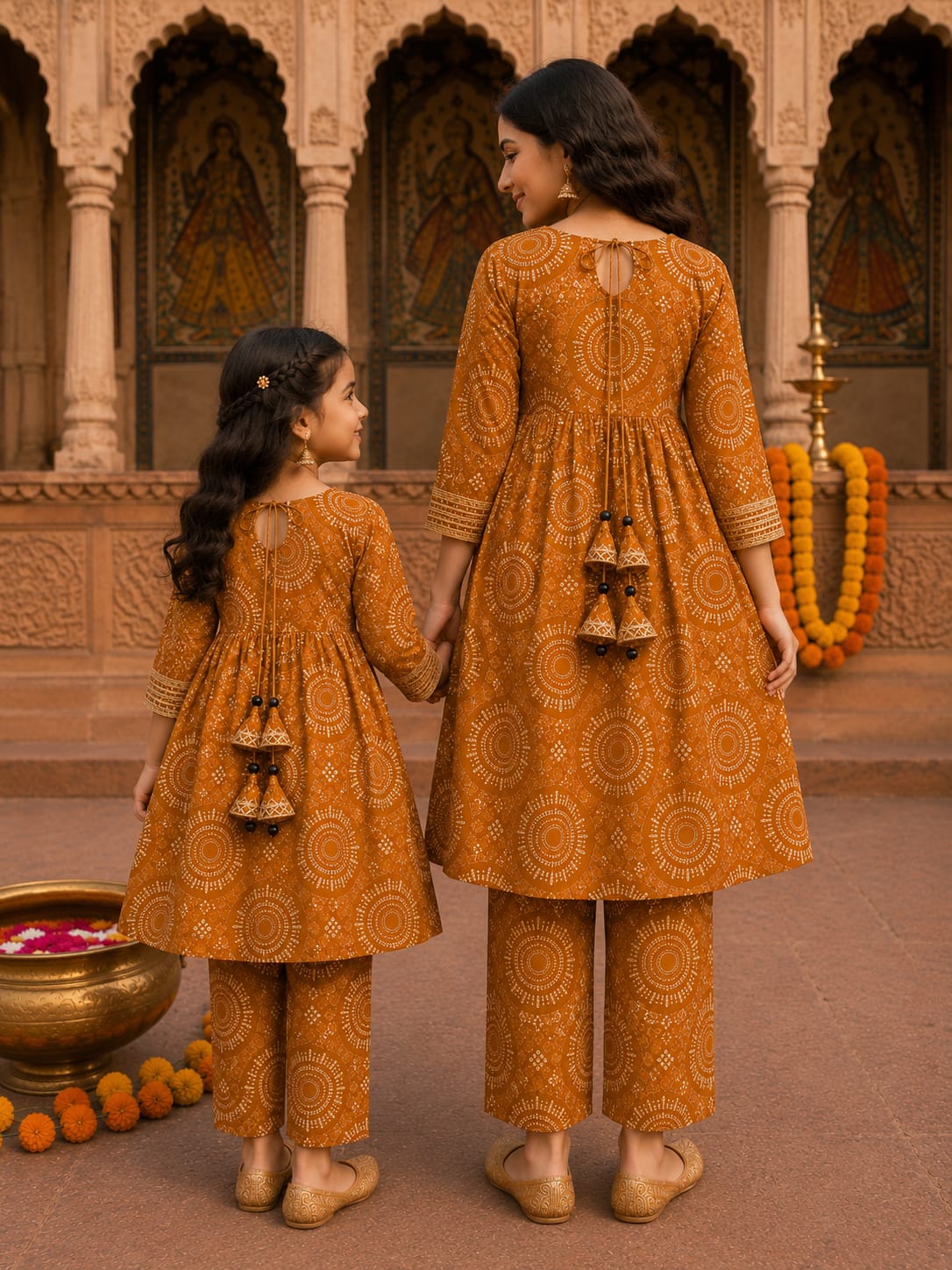 Mom & Daughter Mustard Mandala Printed Kurta Pant Set
