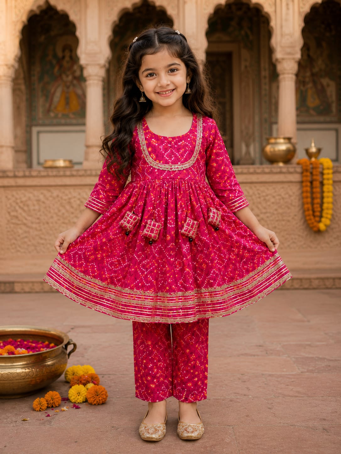 Baby Girl Rani Pink Bandhani Printed Kurta Pant Set