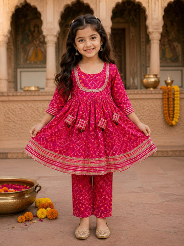 Baby Girl Rani Pink Bandhani Printed Kurta Pant Set