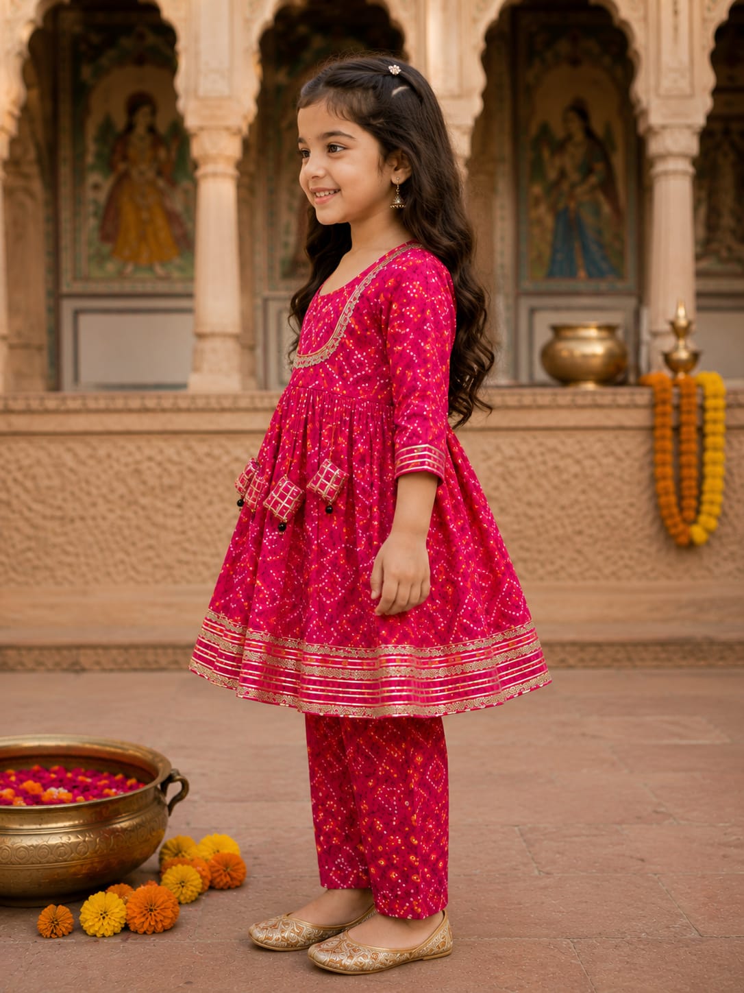 Baby Girl Rani Pink Bandhani Printed Kurta Pant Set