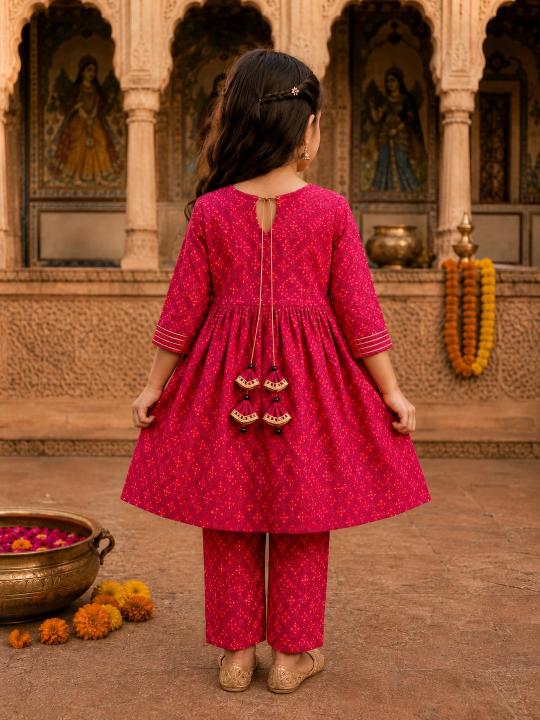 Baby Girl Rani Pink Bandhani Printed Kurta Pant Set