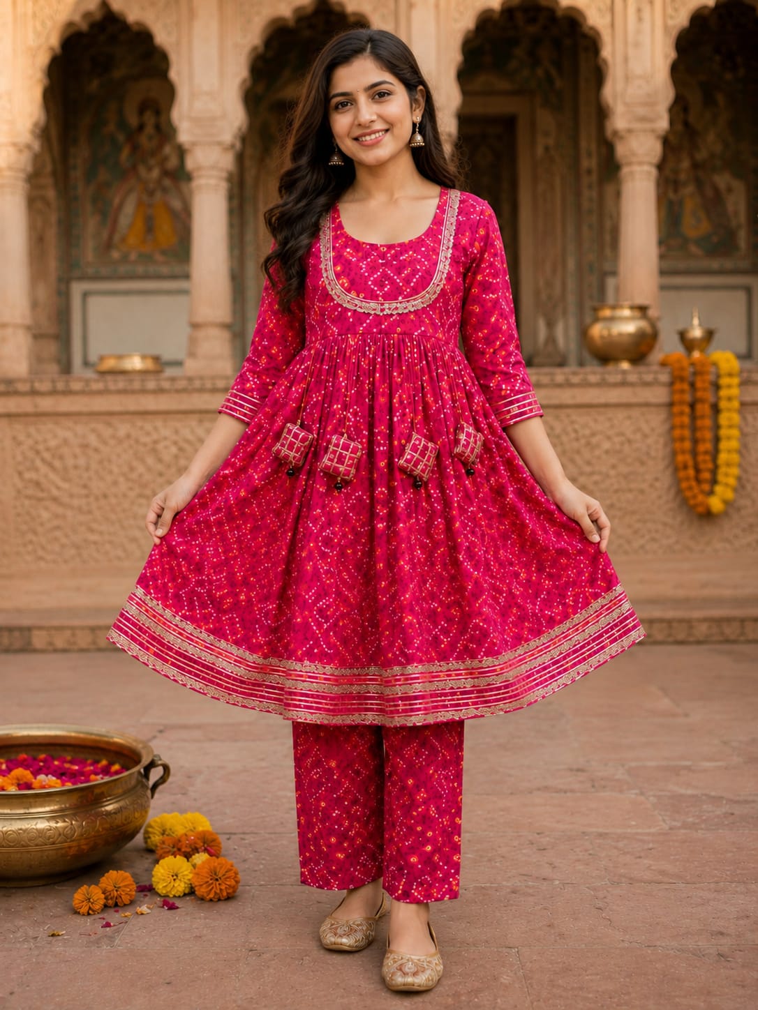 Women's Rani Pink Bandhani Printed Kurta Pant Set