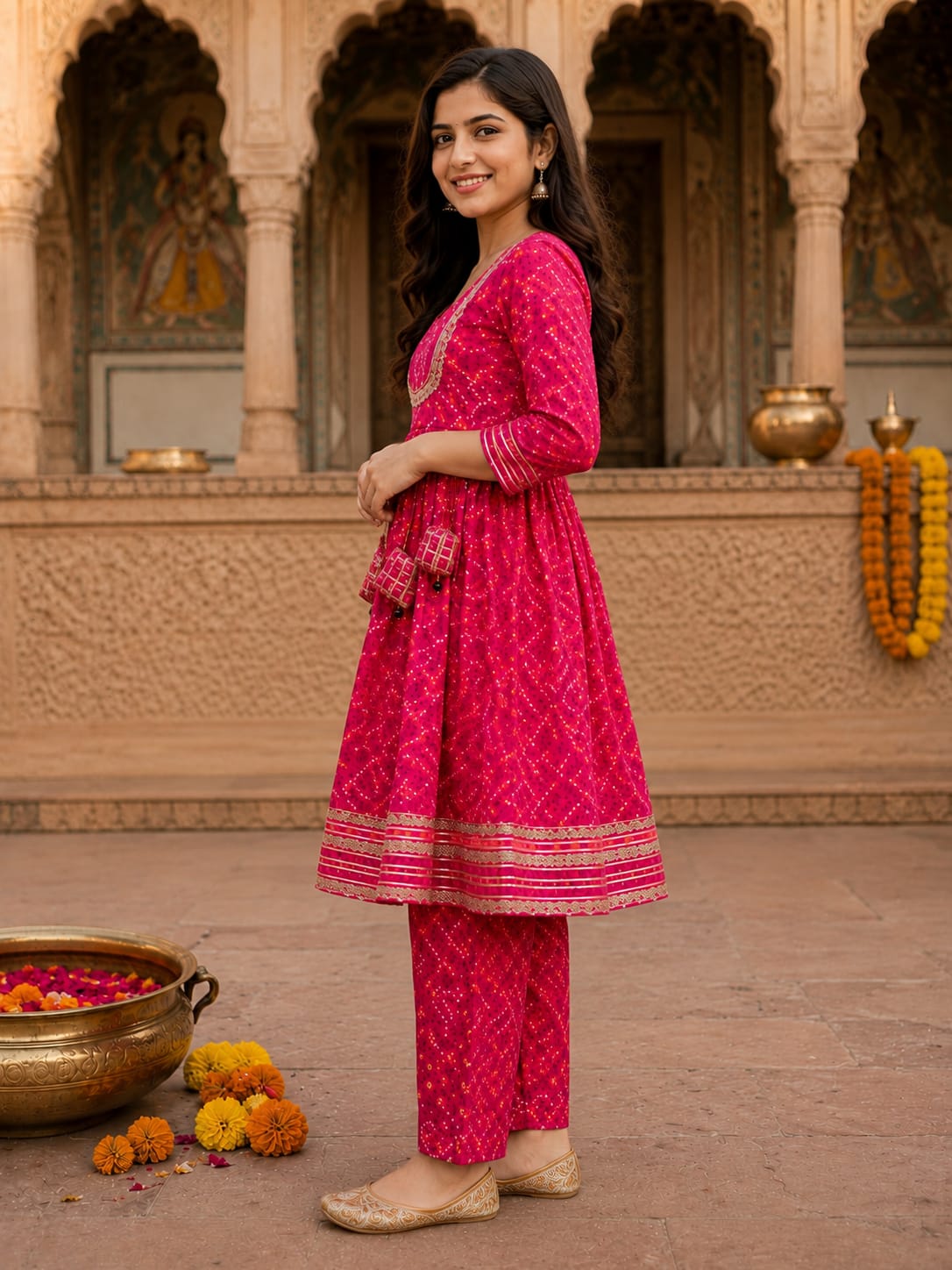 Women's Rani Pink Bandhani Printed Kurta Pant Set