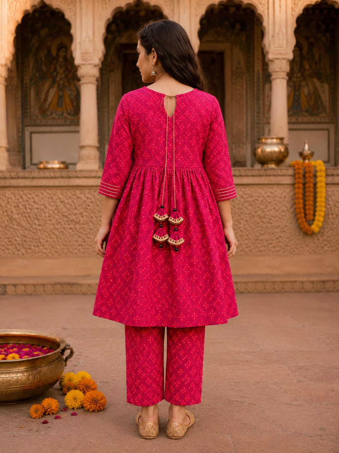 Women's Rani Pink Bandhani Printed Kurta Pant Set