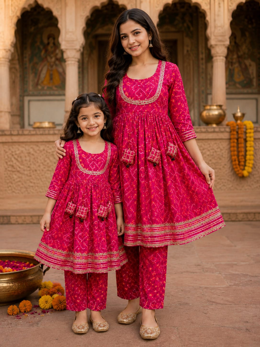 Mom & Daughter Rani Pink Bandhani Printed Kurta Pant Set