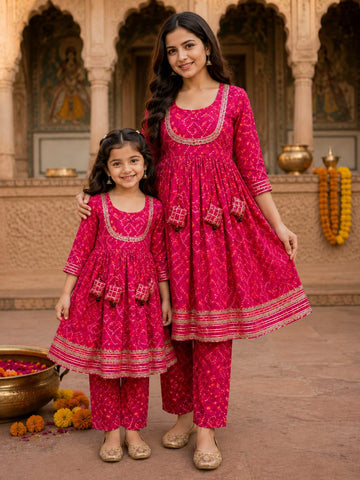 Mom & Daughter Rani Pink Bandhani Printed Kurta Pant Set