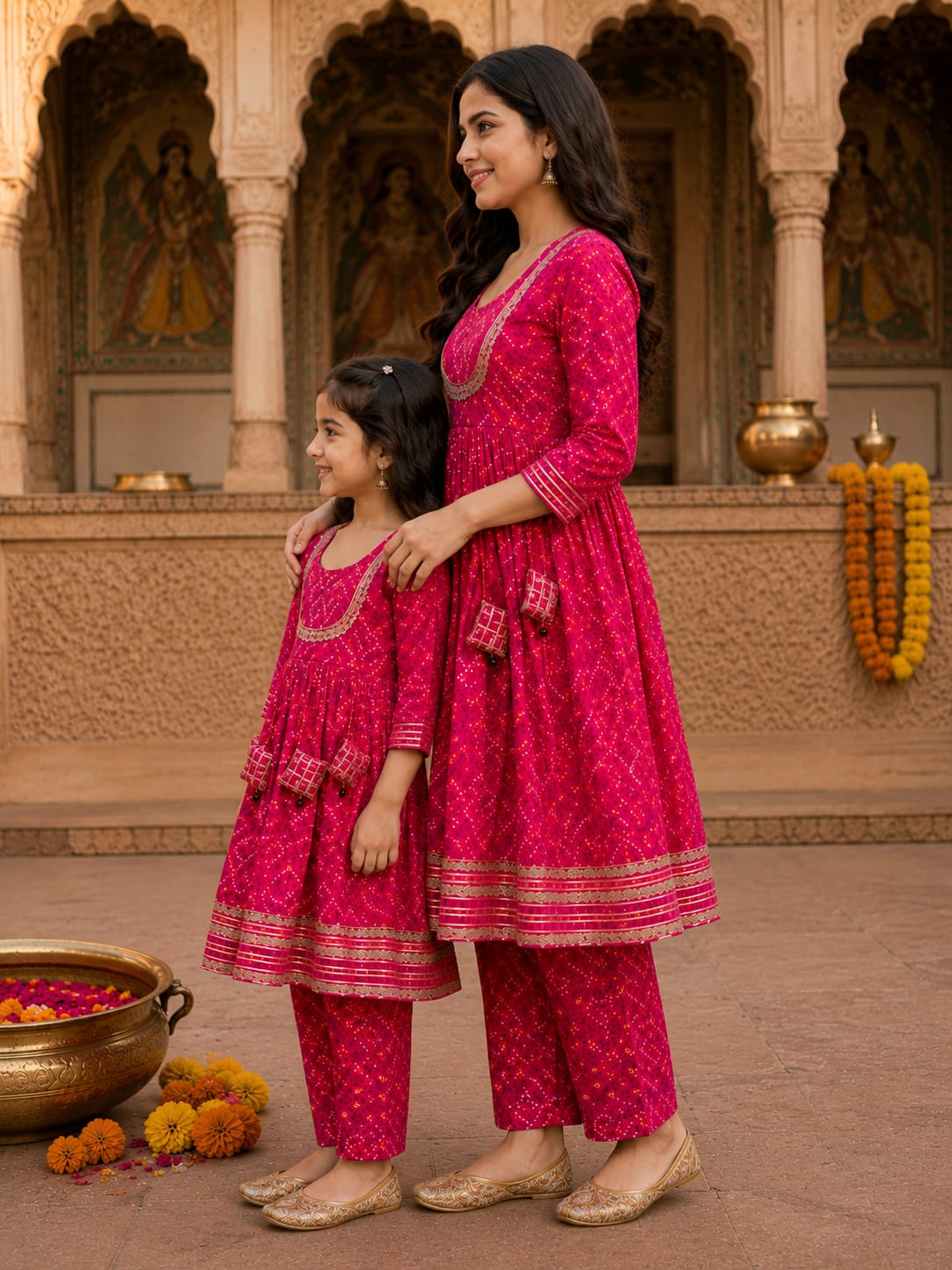 Mom & Daughter Rani Pink Bandhani Printed Kurta Pant Set
