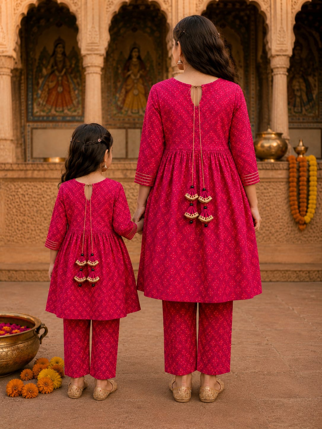 Mom & Daughter Rani Pink Bandhani Printed Kurta Pant Set