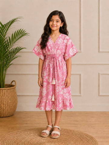 Girls Pink Floral Printed Cotton Dress with Smocked Waist & Ruffle Hem