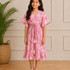 Girls Pink Floral Printed Cotton Dress with Smocked Waist & Ruffle Hem