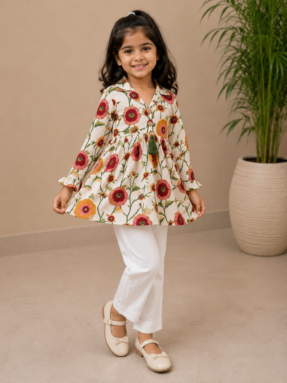 Girl Child Cotton Floral Printed Top with Premium Solid Cotton Trousers