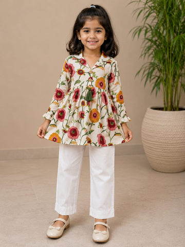Girl Child Cotton Floral Printed Top with Premium Solid Cotton Trousers