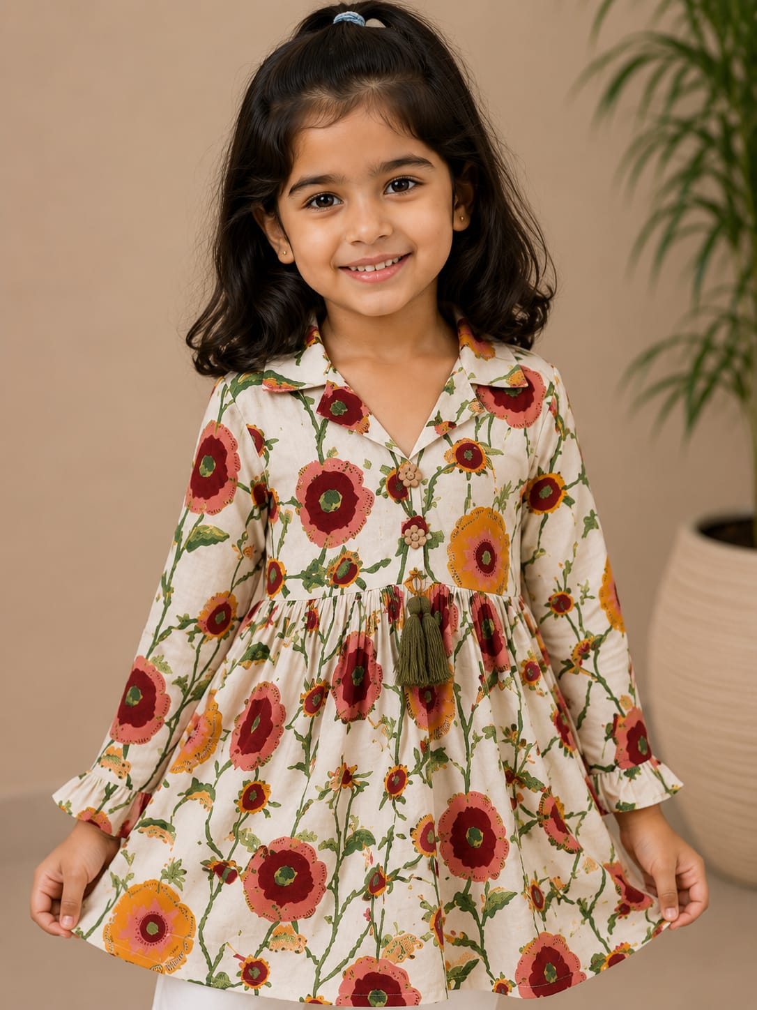 Girl Child Cotton Floral Printed Top with Premium Solid Cotton Trousers