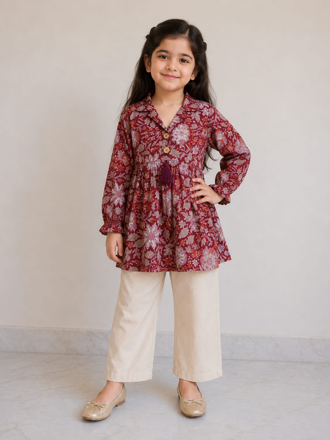 Girl Child Printed Cotton Top & Solid Cotton Trouser Co-ord Set