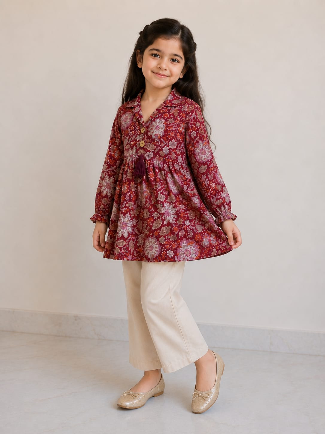 Girl Child Printed Cotton Top & Solid Cotton Trouser Co-ord Set