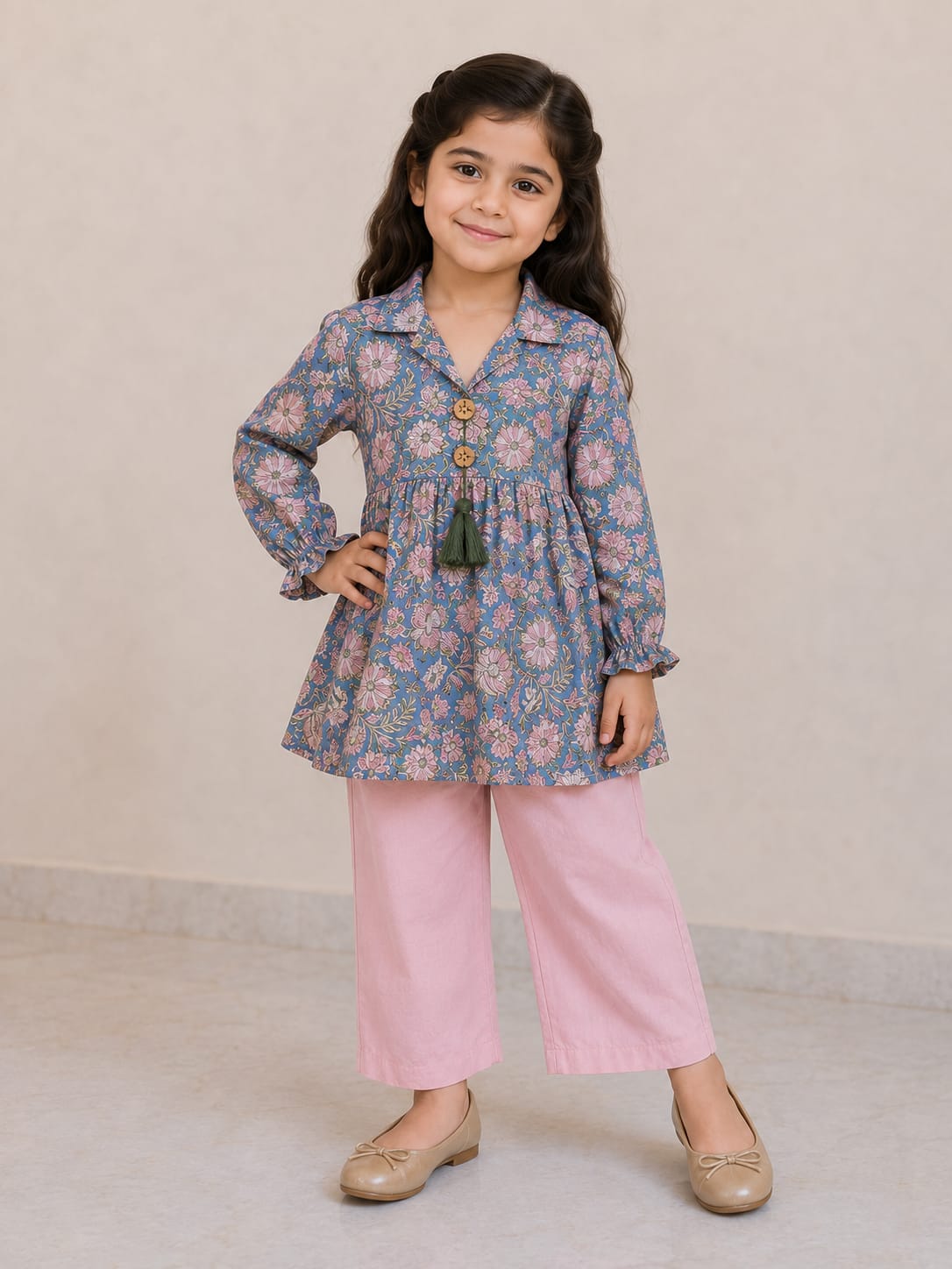Girl Child Blue & Pink Printed Cotton Top & Solid Cotton Trouser Co-ord Set