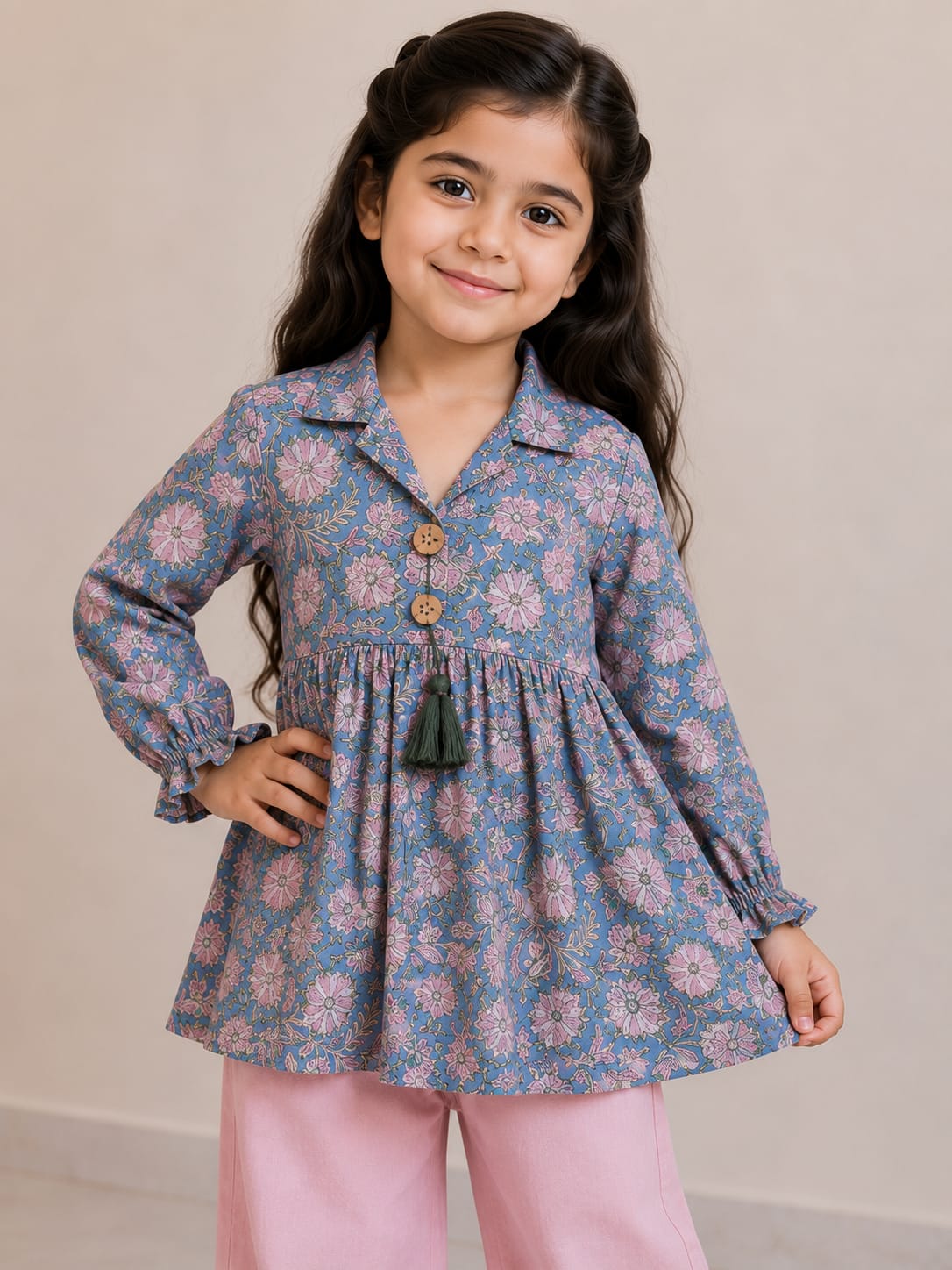 Girl Child Blue & Pink Printed Cotton Top & Solid Cotton Trouser Co-ord Set
