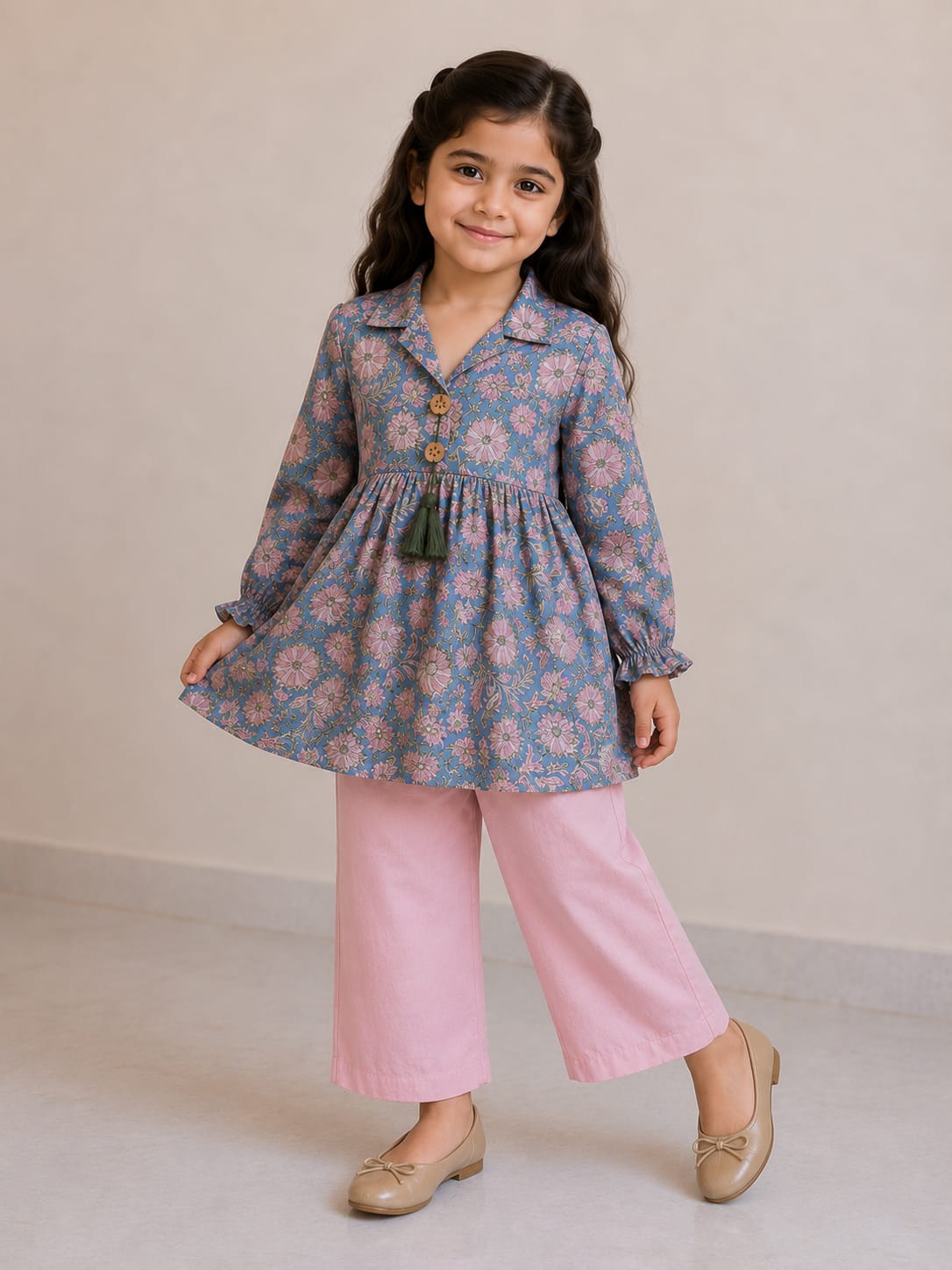 Girl Child Blue & Pink Printed Cotton Top & Solid Cotton Trouser Co-ord Set