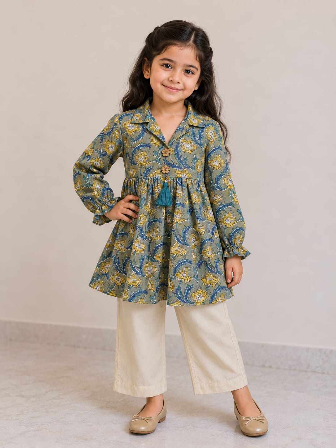 Girl Child Olive Green & Cream Printed Cotton Top & Solid Cotton Trouser Co-ord Set