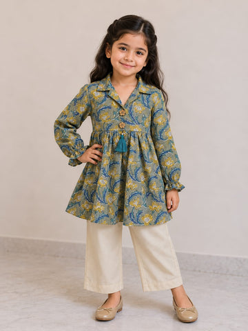 Girl Child Olive Green & Cream Printed Cotton Top & Solid Cotton Trouser Co-ord Set
