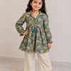 Girl Child Olive Green & Cream Printed Cotton Top & Solid Cotton Trouser Co-ord Set