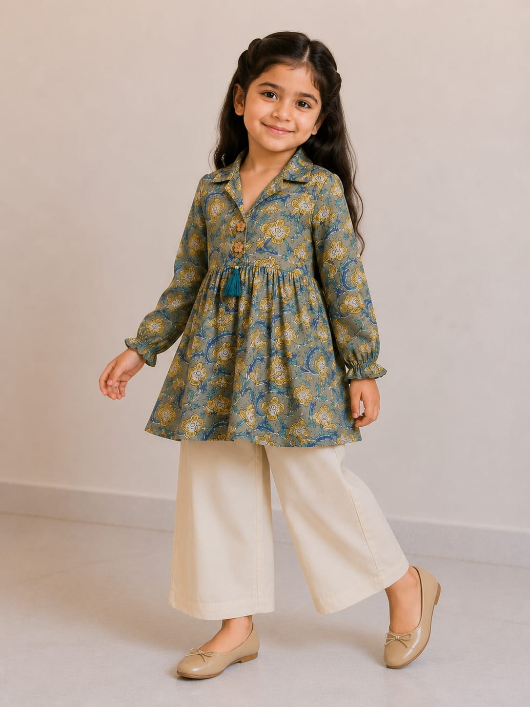 Girl Child Olive Green & Cream Printed Cotton Top & Solid Cotton Trouser Co-ord Set