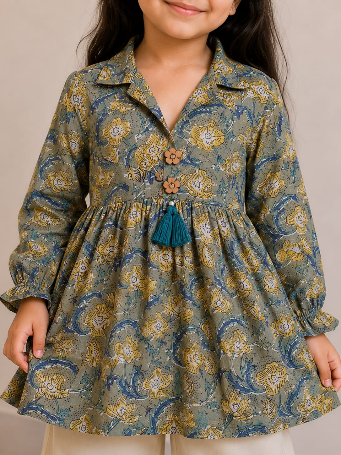 Girl Child Olive Green & Cream Printed Cotton Top & Solid Cotton Trouser Co-ord Set