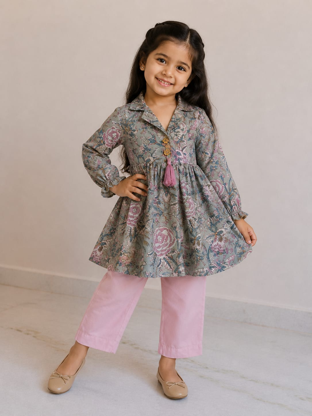 Girl Child Sage Green Floral Printed Cotton Top & Solid Pink Cotton Trouser Co-ord Set