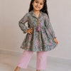 Girl Child Sage Green Floral Printed Cotton Top & Solid Pink Cotton Trouser Co-ord Set
