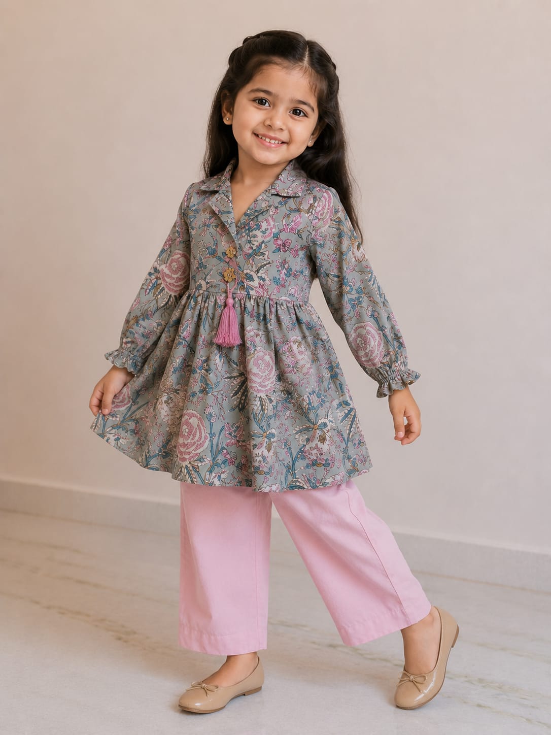 Girl Child Sage Green Floral Printed Cotton Top & Solid Pink Cotton Trouser Co-ord Set