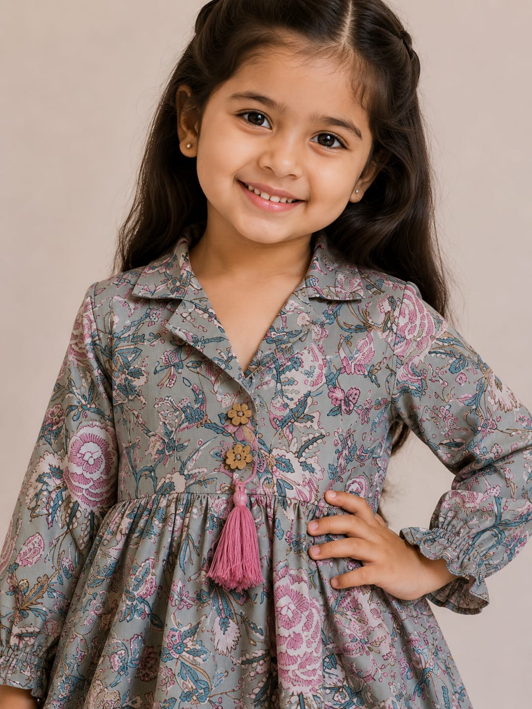 Girl Child Sage Green Floral Printed Cotton Top & Solid Pink Cotton Trouser Co-ord Set