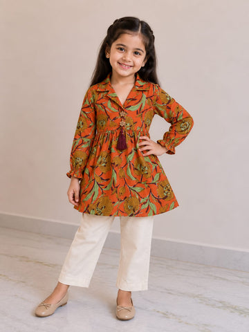 Girl Child Orange Floral Printed Cotton Top & Solid Cream Cotton Trouser Co-ord Set