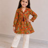 Girl Child Orange Floral Printed Cotton Top & Solid Cream Cotton Trouser Co-ord Set