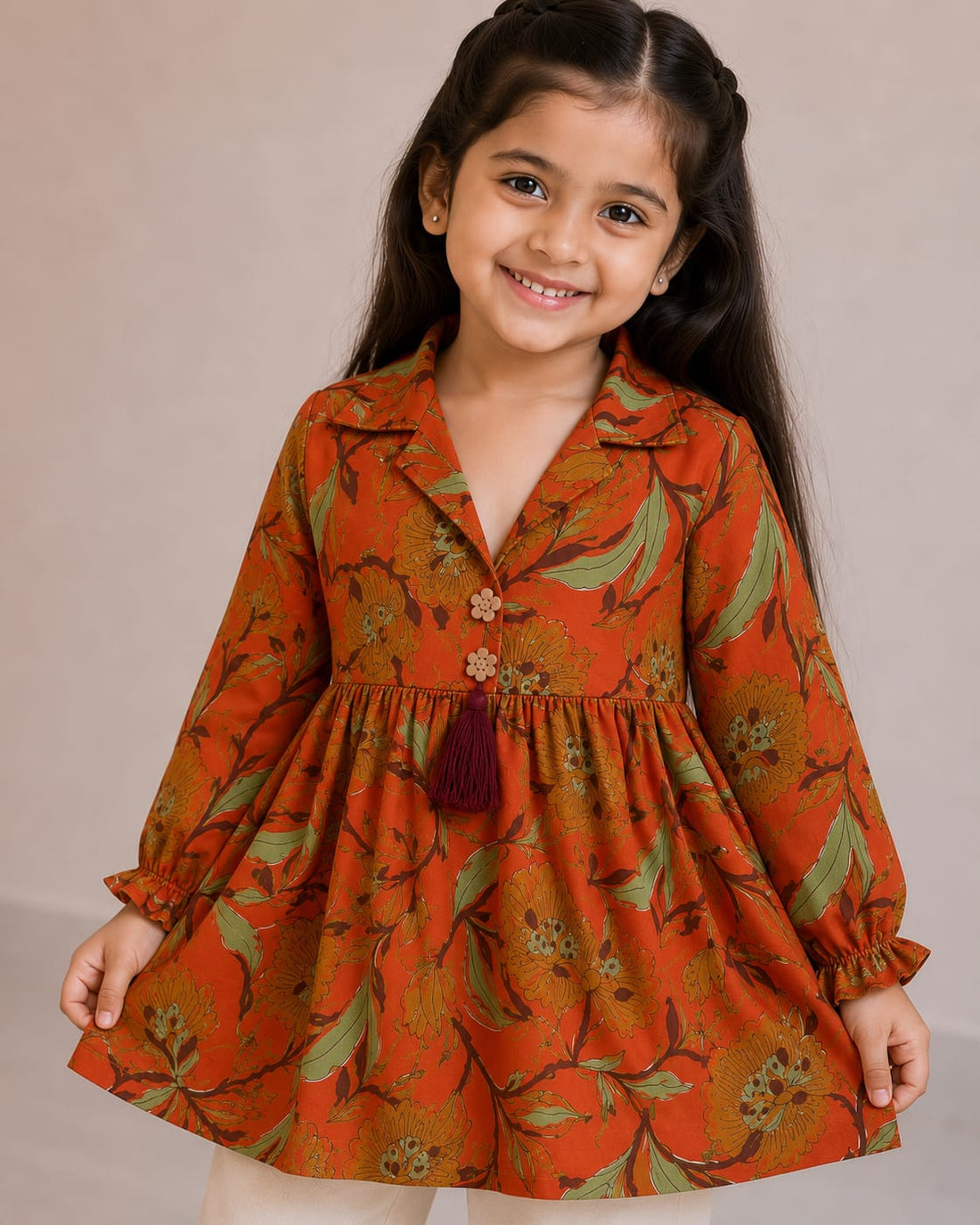 Girl Child Orange Floral Printed Cotton Top & Solid Cream Cotton Trouser Co-ord Set