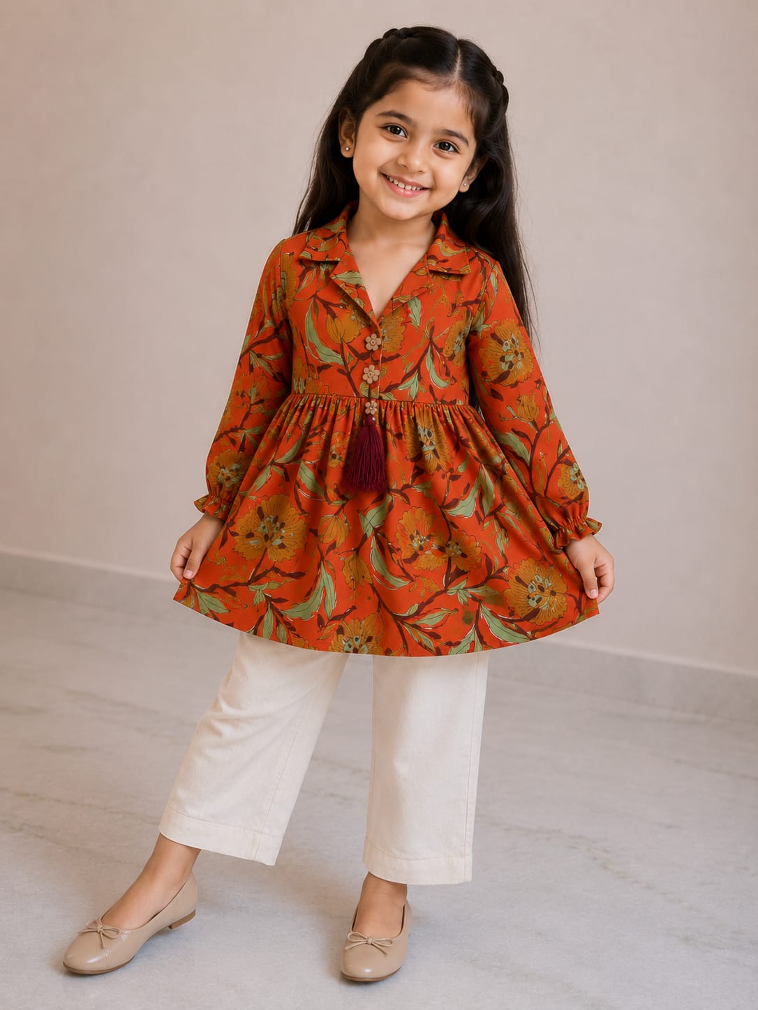 Girl Child Orange Floral Printed Cotton Top & Solid Cream Cotton Trouser Co-ord Set