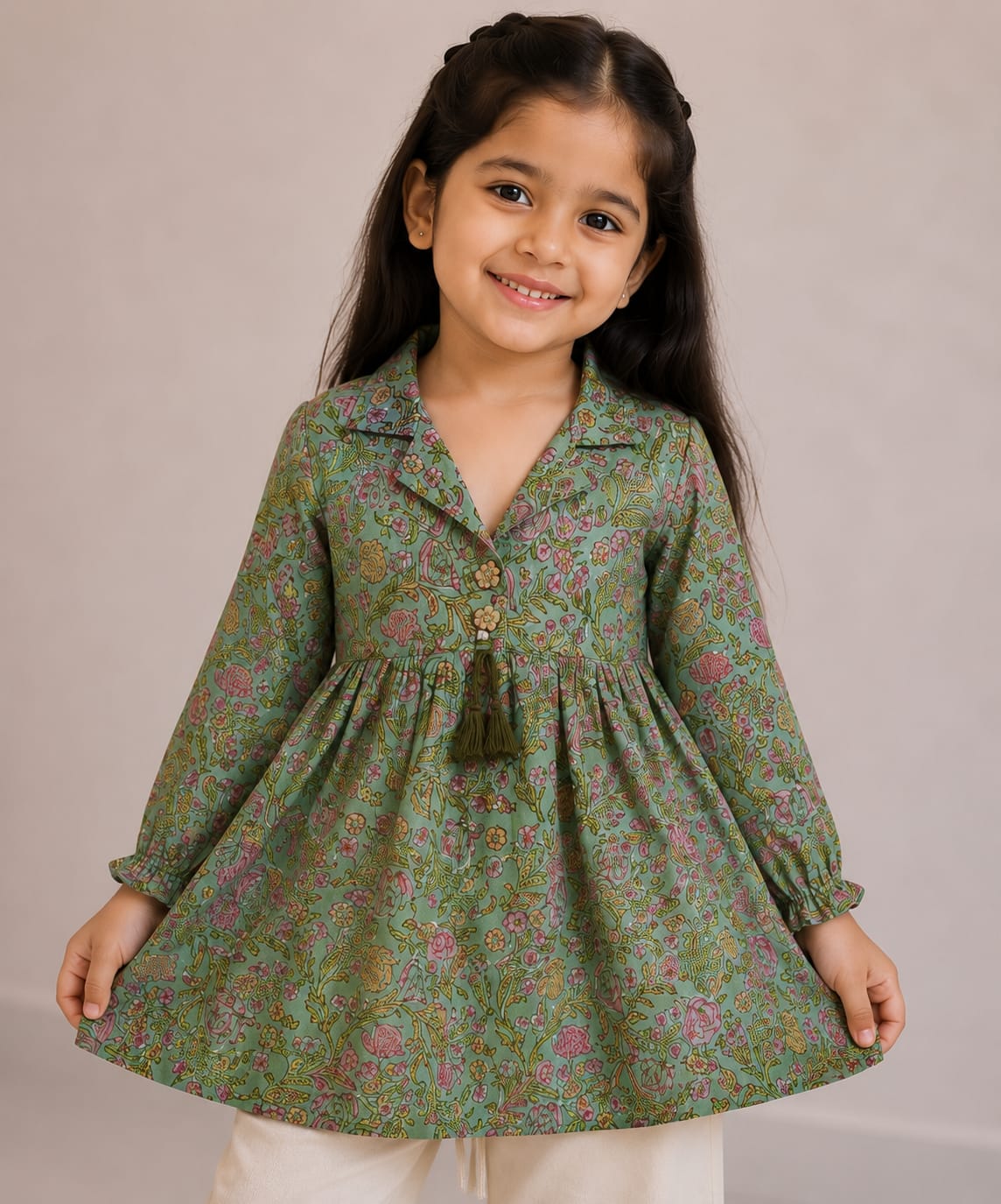 Girl Child Sage Green Floral Printed Cotton Top & Solid Cream Cotton Trouser Co-ord Set
