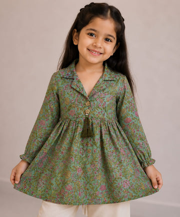 Girl Child Sage Green Floral Printed Cotton Top & Solid Cream Cotton Trouser Co-ord Set