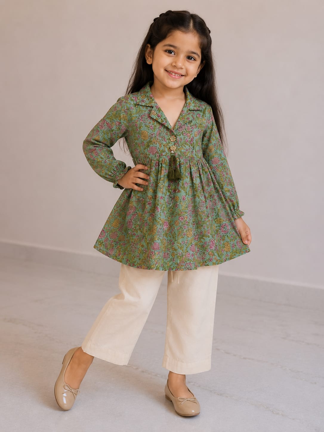Girl Child Sage Green Floral Printed Cotton Top & Solid Cream Cotton Trouser Co-ord Set
