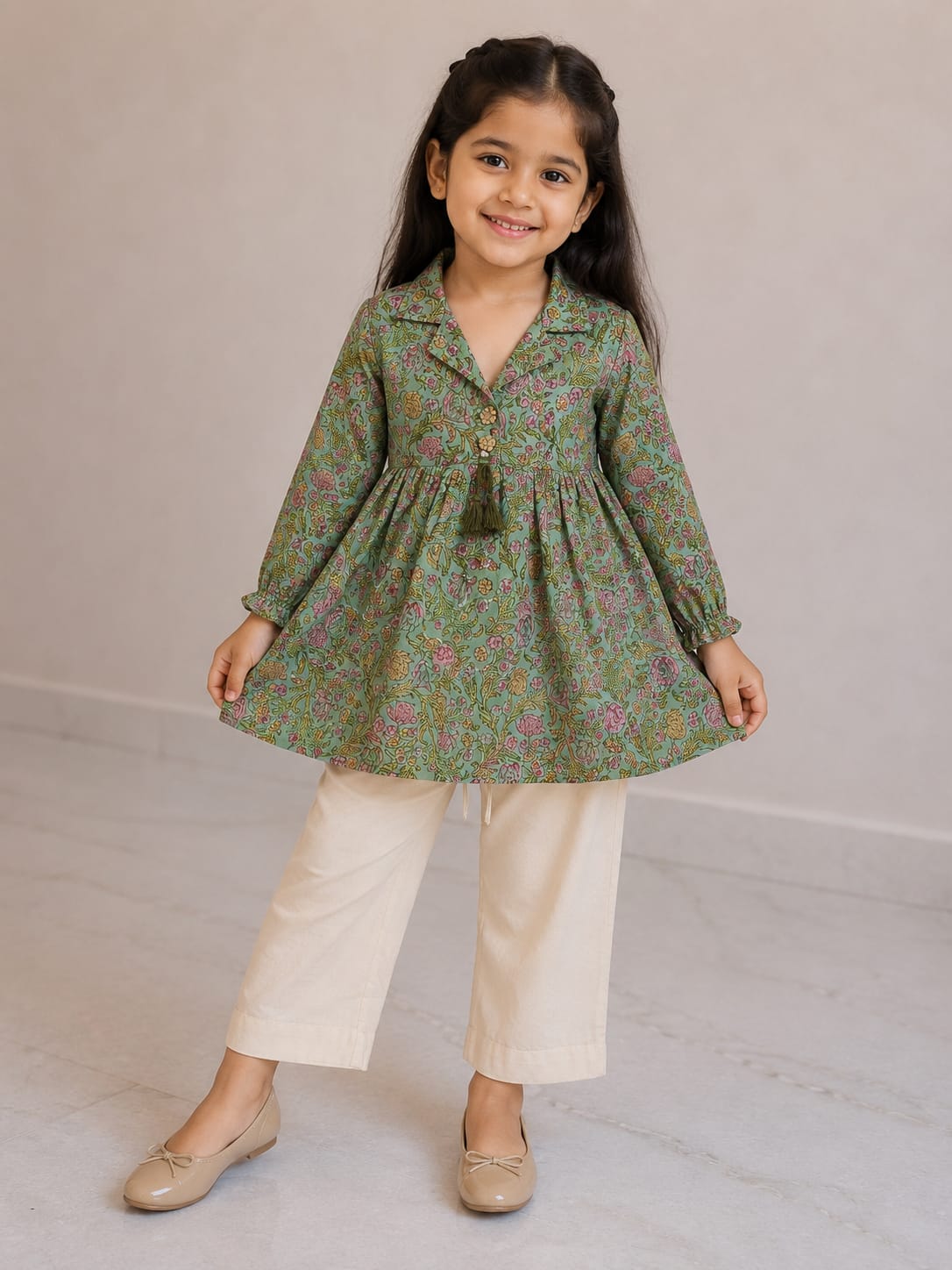 Girl Child Sage Green Floral Printed Cotton Top & Solid Cream Cotton Trouser Co-ord Set