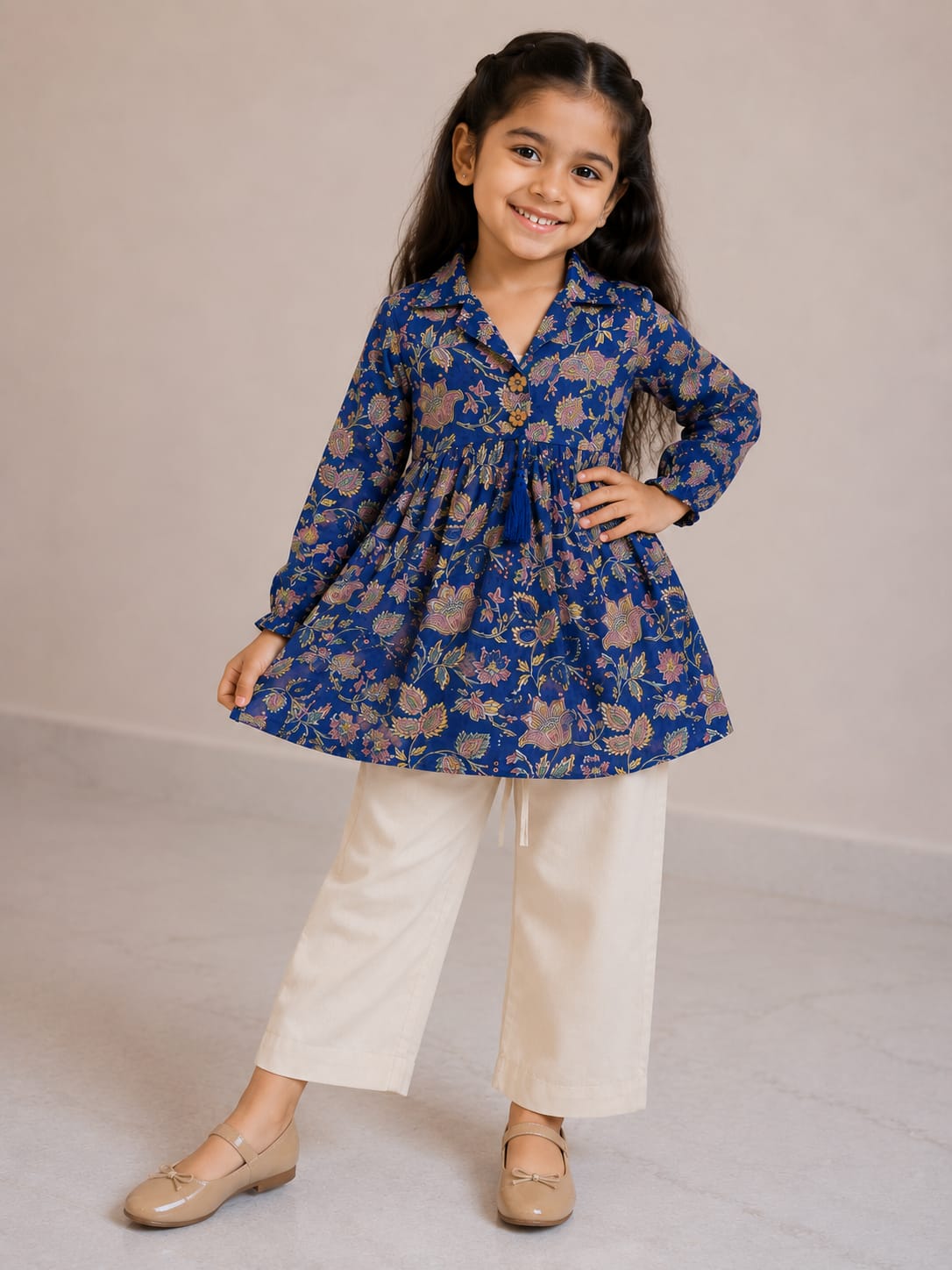 Girl Child Indigo Blue Floral Printed Cotton Top & Solid Cream Cotton Trouser Co-ord Set