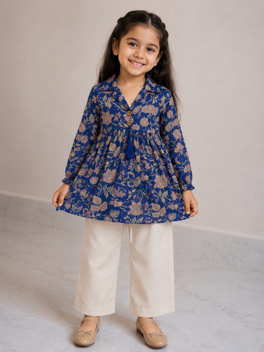 Girl Child Indigo Blue Floral Printed Cotton Top & Solid Cream Cotton Trouser Co-ord Set