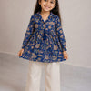 Girl Child Indigo Blue Floral Printed Cotton Top & Solid Cream Cotton Trouser Co-ord Set