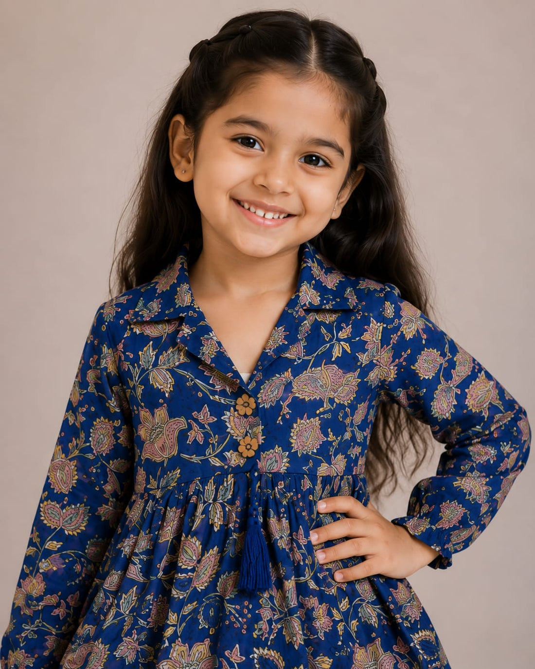 Girl Child Indigo Blue Floral Printed Cotton Top & Solid Cream Cotton Trouser Co-ord Set