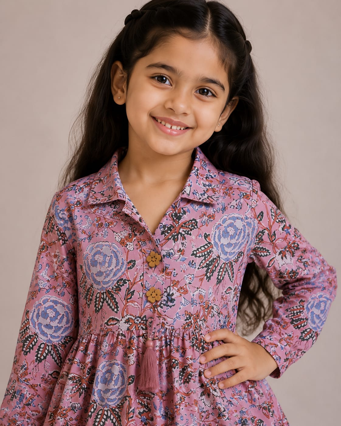 Girl Child Blush Pink Floral Printed Cotton Top & Solid Cream Cotton Trouser Co-ord Set
