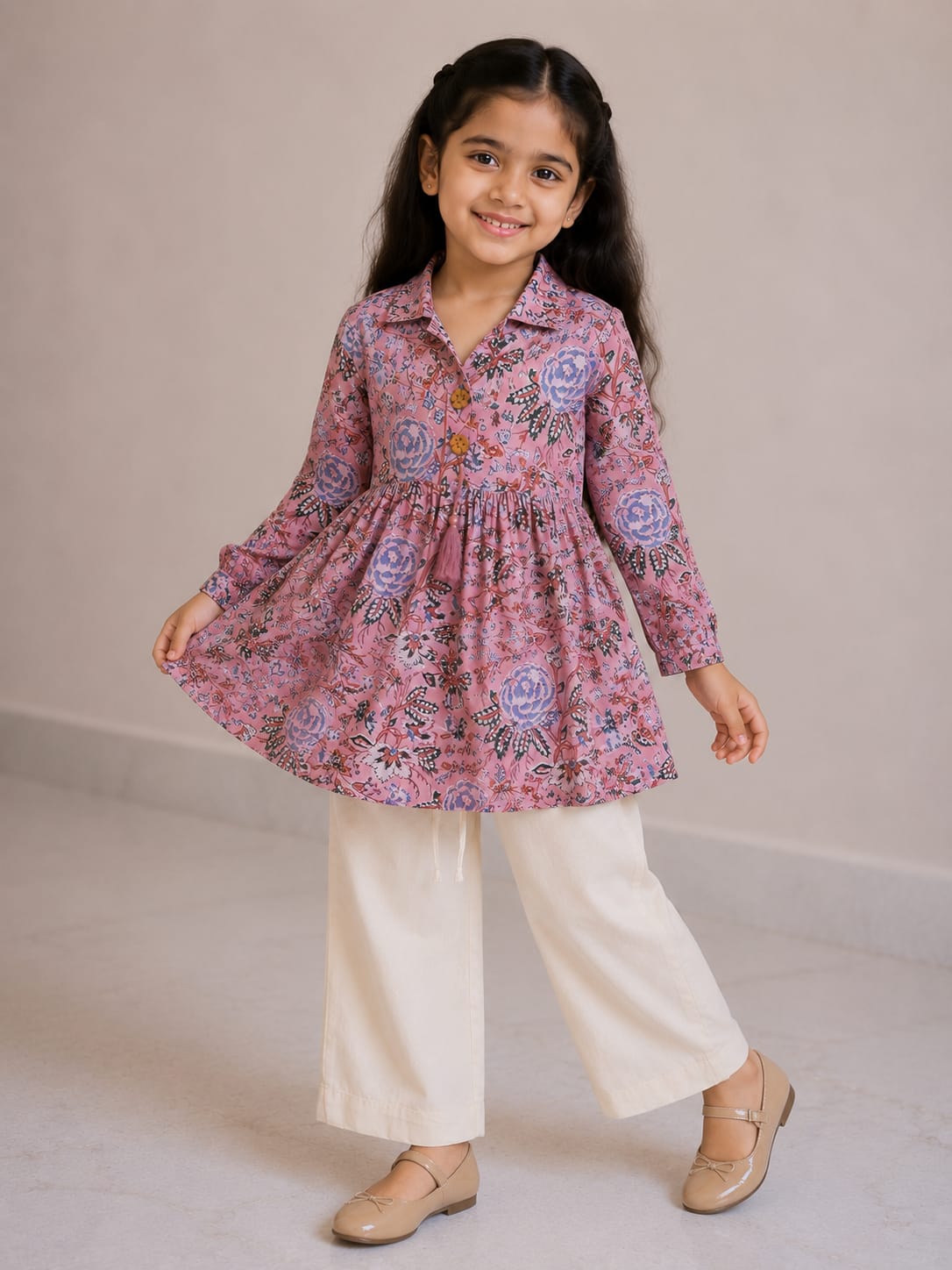 Girl Child Blush Pink Floral Printed Cotton Top & Solid Cream Cotton Trouser Co-ord Set