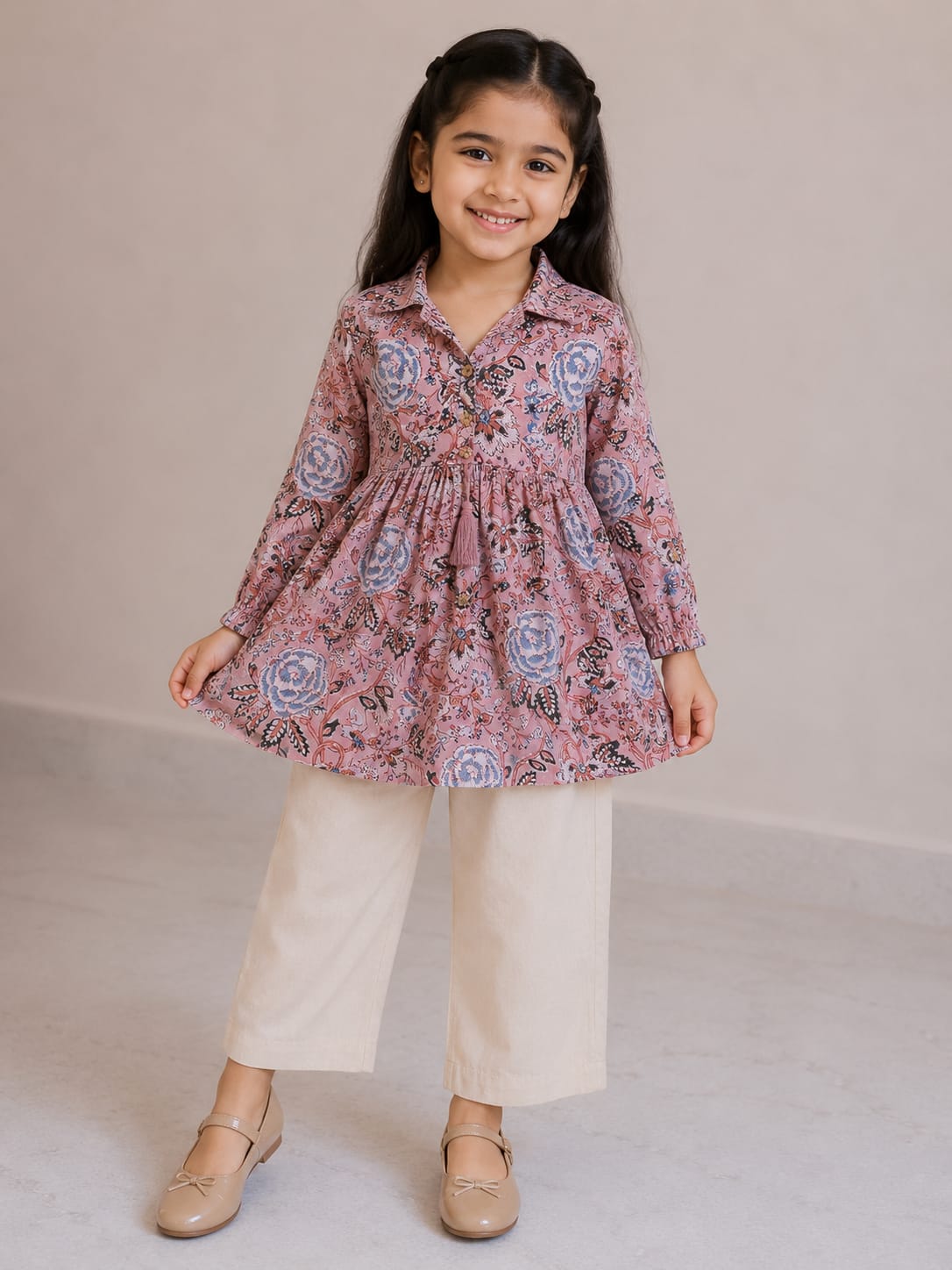 Girl Child Blush Pink Floral Printed Cotton Top & Solid Cream Cotton Trouser Co-ord Set
