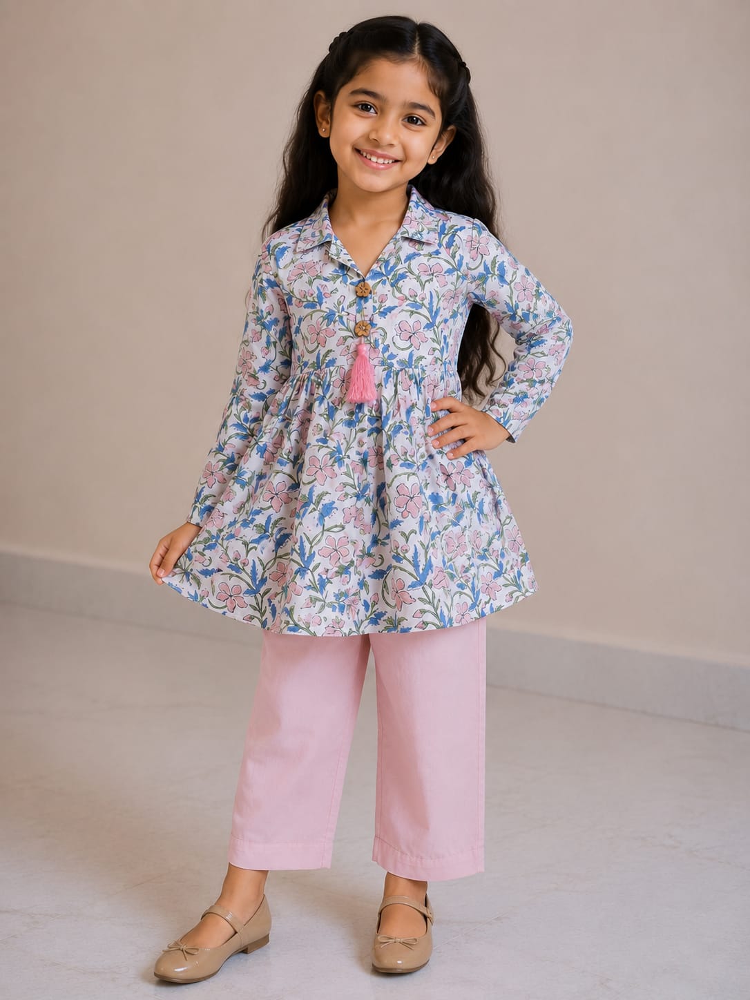 Girl Child Floral Printed Cotton Kurti with Pink Trouser Co-ord Set