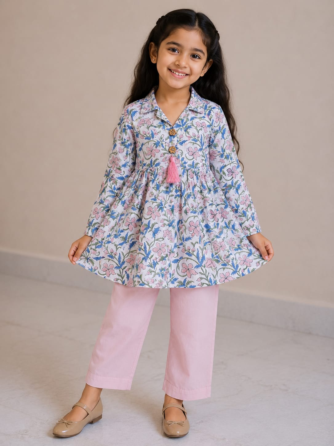 Girl Child Floral Printed Cotton Kurti with Pink Trouser Co-ord Set